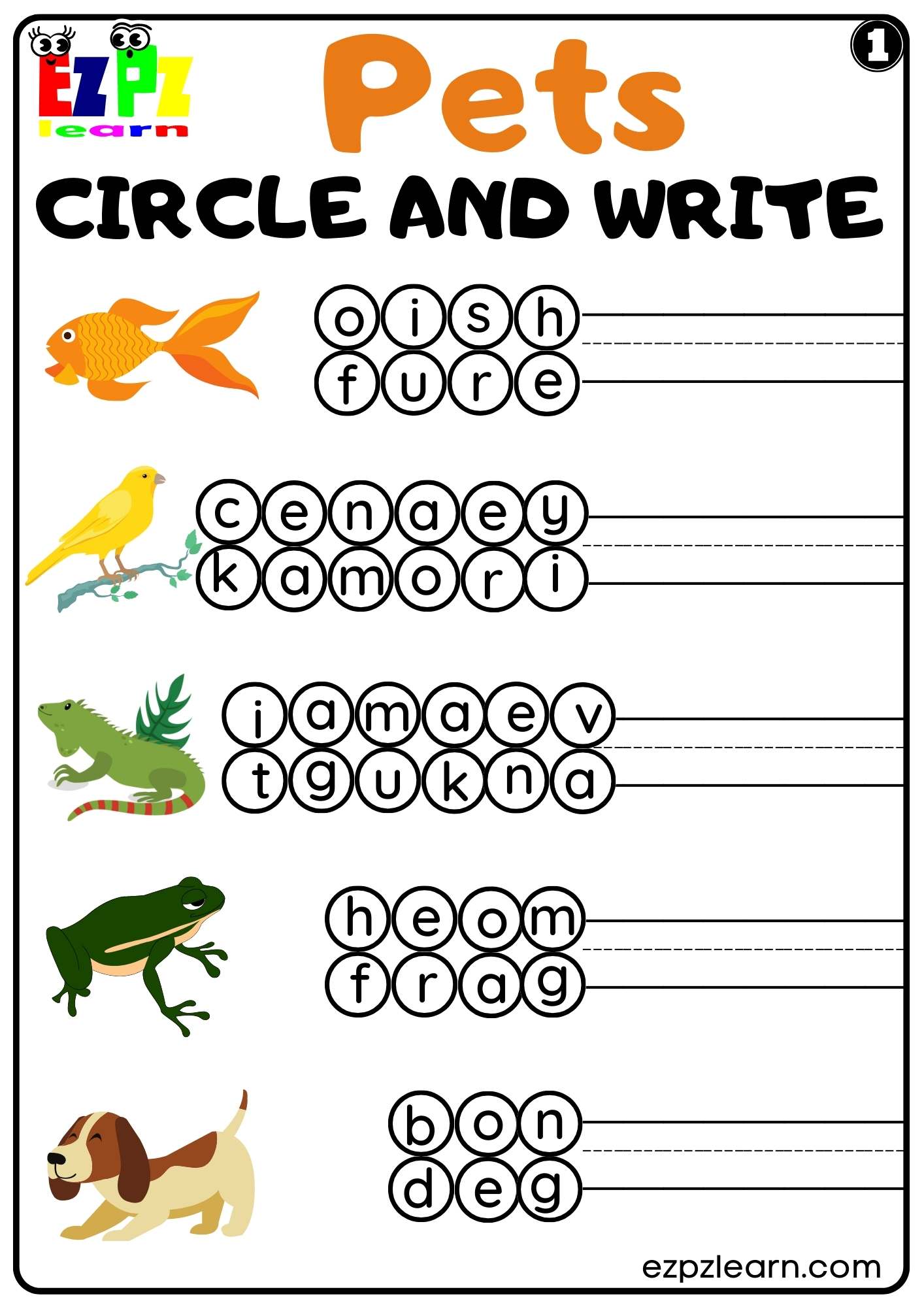 Pets Circle and Write Worksheet for Kindergarten and ESL 